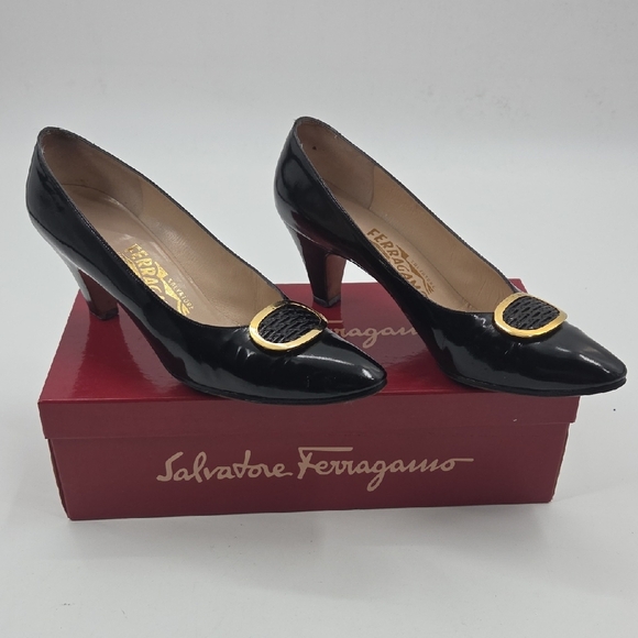 Salvatore Ferragamo Shoes - Salvatore Ferragamo Black Heels with Gold Trim